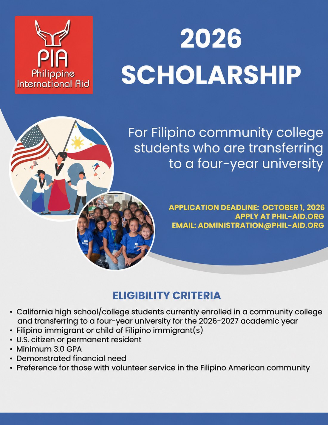 PIA 2026 Scholarship - for Filipino community college students transferring to a four-year university. Application deadline October 1, 2026.